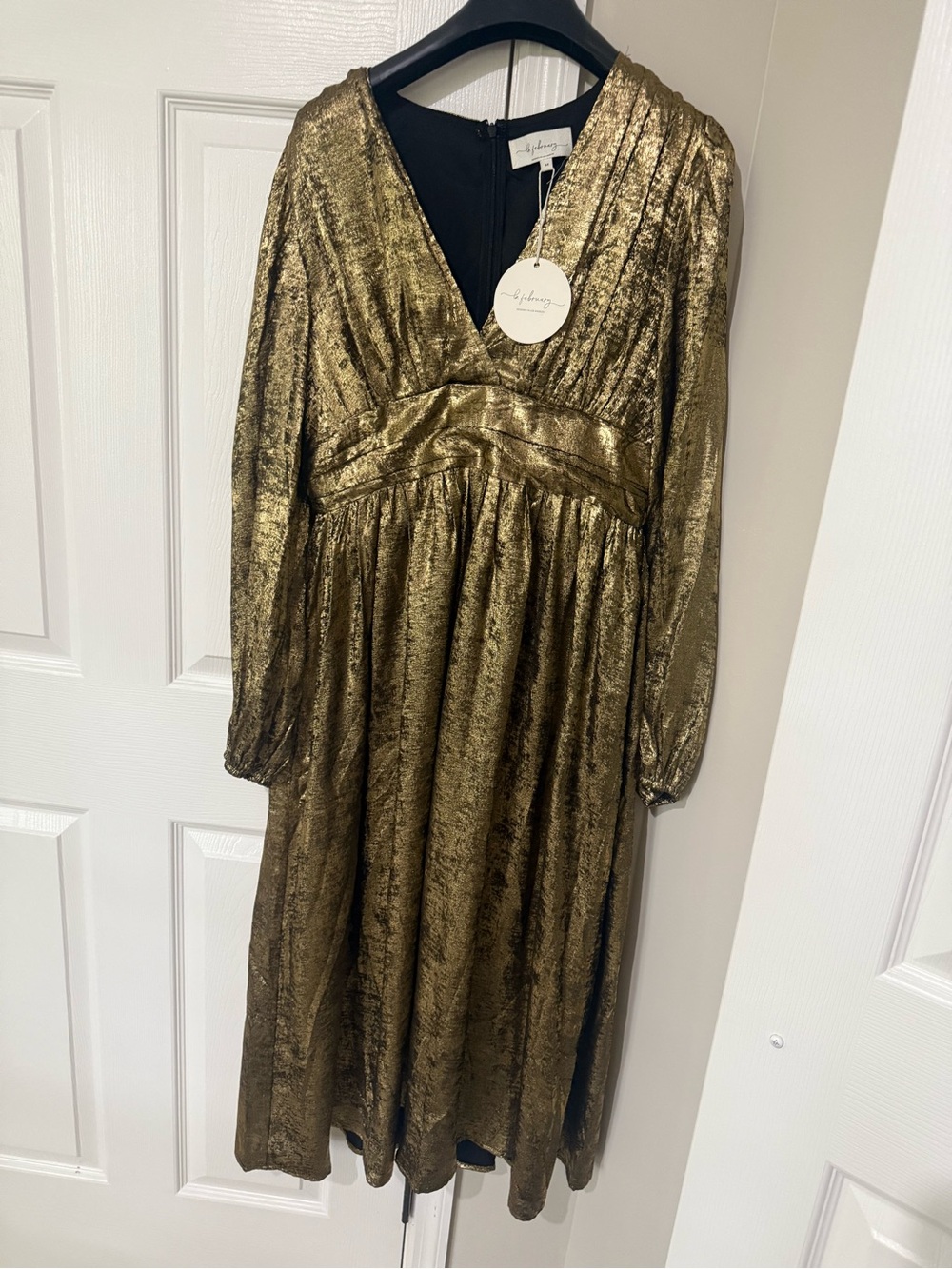 V-Neck Metallic Gold Midi/Maxi Dress with Long Sleeves